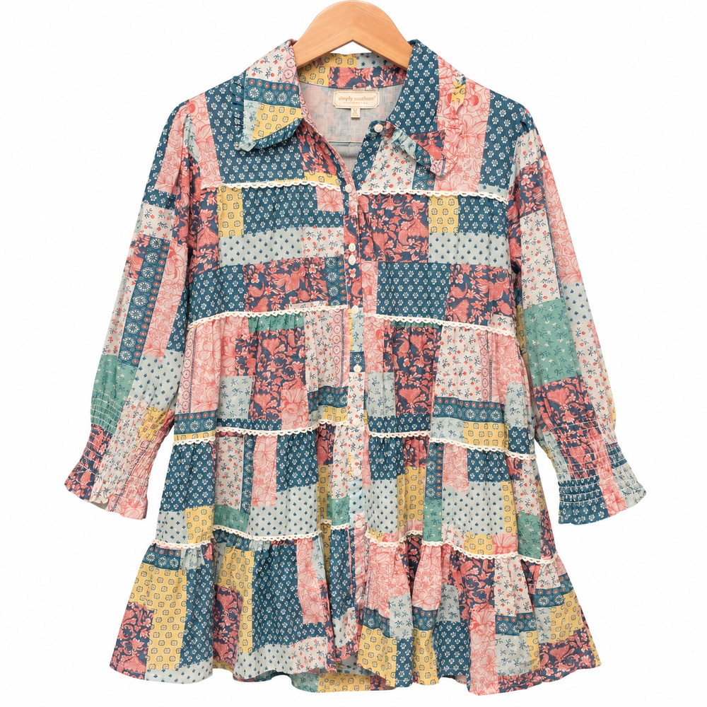 Simply Southern Mini Dress Women Size XL Patchwork Lace Button Front Smocked NWT